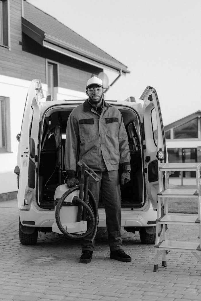 Grayscale image of a professional cleaner standing near a van with vacuum equipment outdoors.